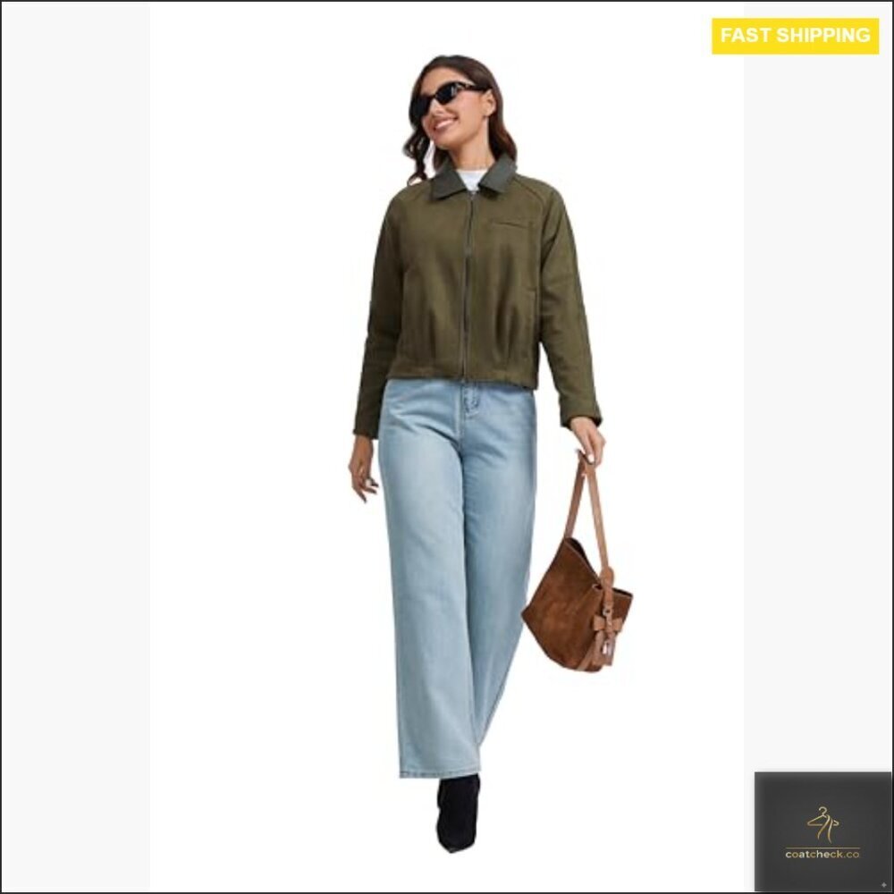 Faux Suede Cropped Bomber Jacket with Contrast Collar Zip Up Casual - Picture 7 of 7